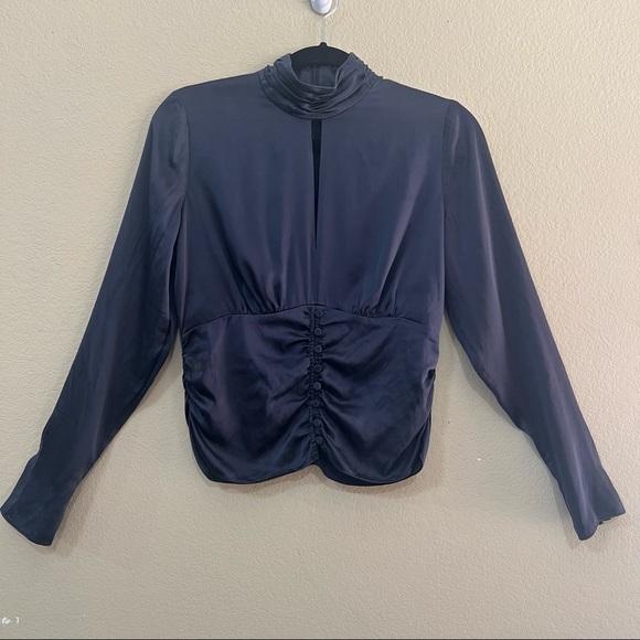 FRAME Denim Felicity Silk Mock Neck Keyhole Button Front Blouse Top Navy Sz S - Picture 5 of 12